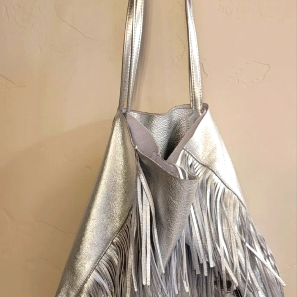 Sam Edelman Silver metallic fringed leather tote